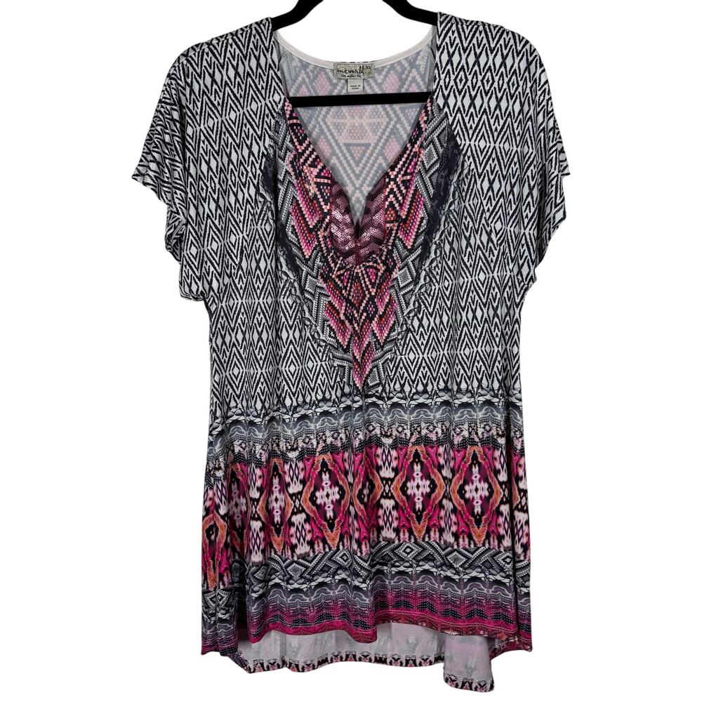 One World Mixed Aztec Print Sequin Stretch Short‎ Sleeve Tunic Top Women's XL